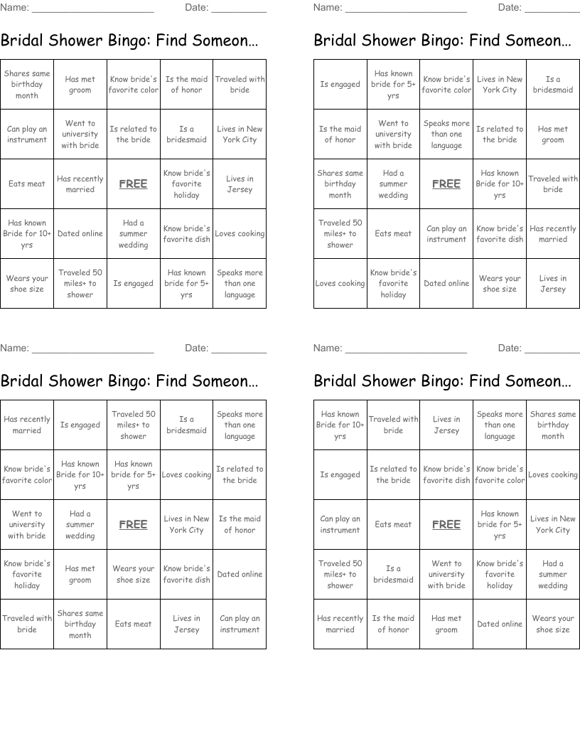 Bridal Shower Bingo: Find Someone Who........