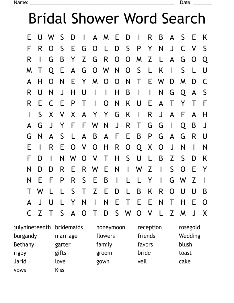 Bridal Shower Word Search
