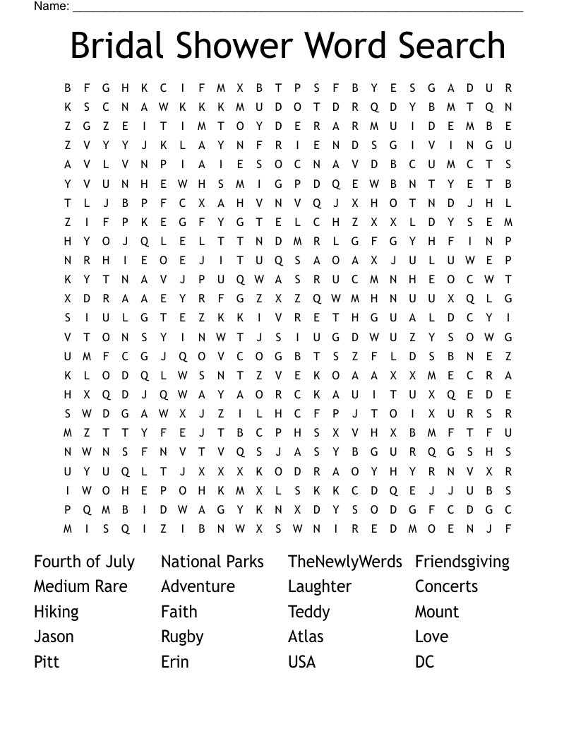 Bridal Shower Word Search