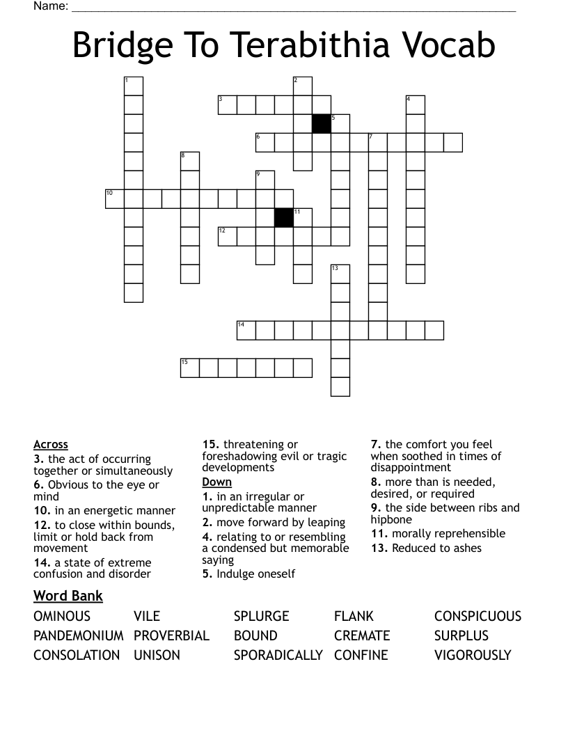 Bridge To Terabithia Vocab Crossword