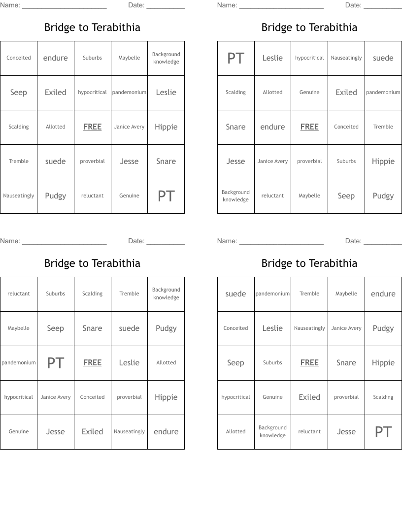 Bridge to Terabithia Bingo Cards