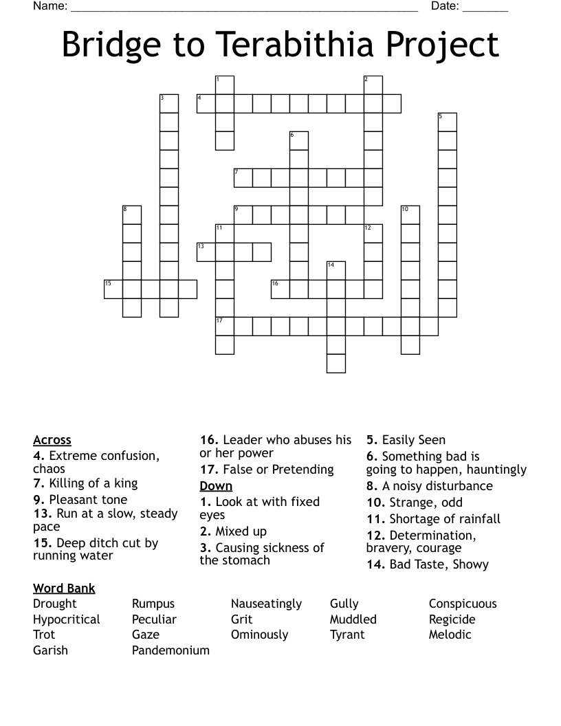Bridge to Terabithia Project Crossword