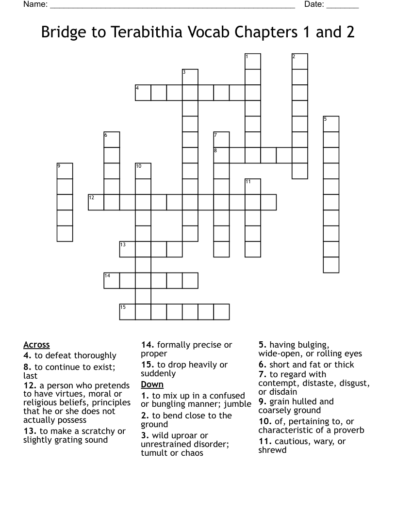 Bridge to Terabithia Vocab Chapters 1 and 2 Crossword