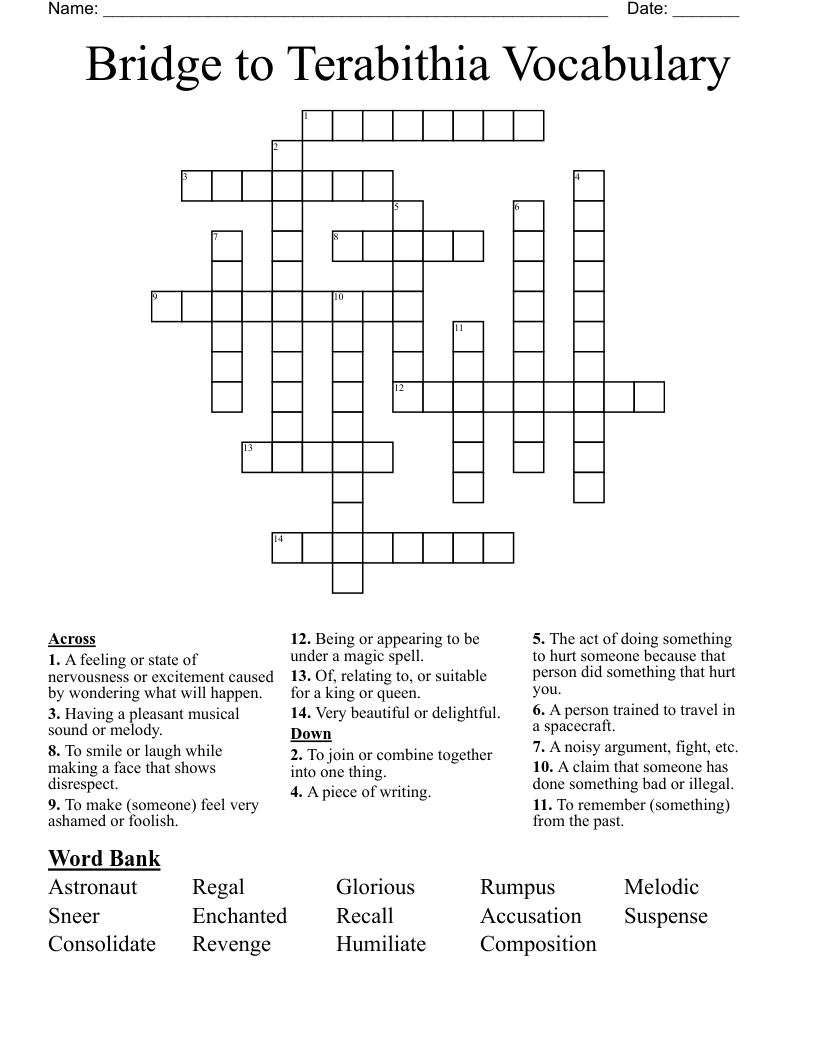 Bridge to Terabithia Vocabulary Crossword