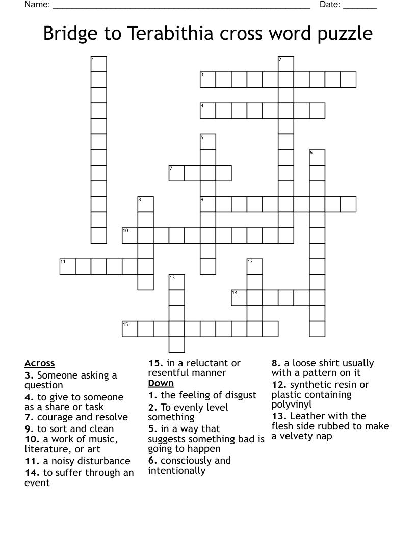 Bridge to Terabithia cross word puzzle