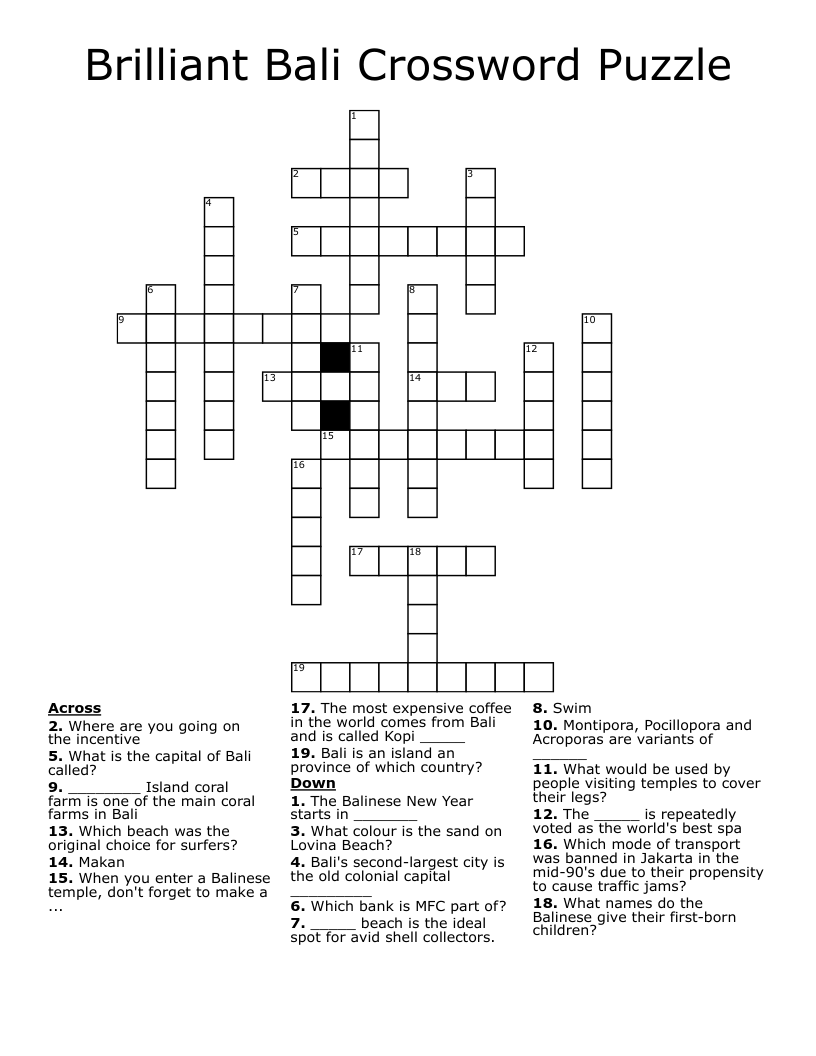 Brilliant Bali Crossword Puzzle