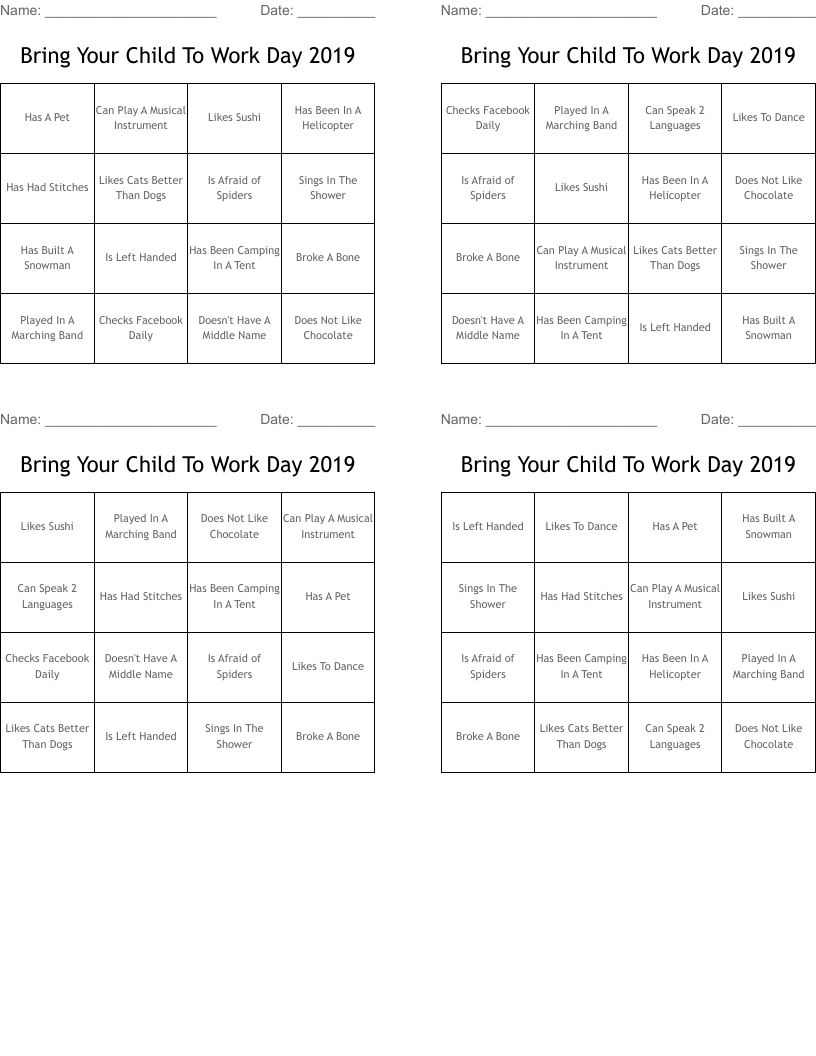 Bring Your Child To Work Day 2019 Bingo Cards