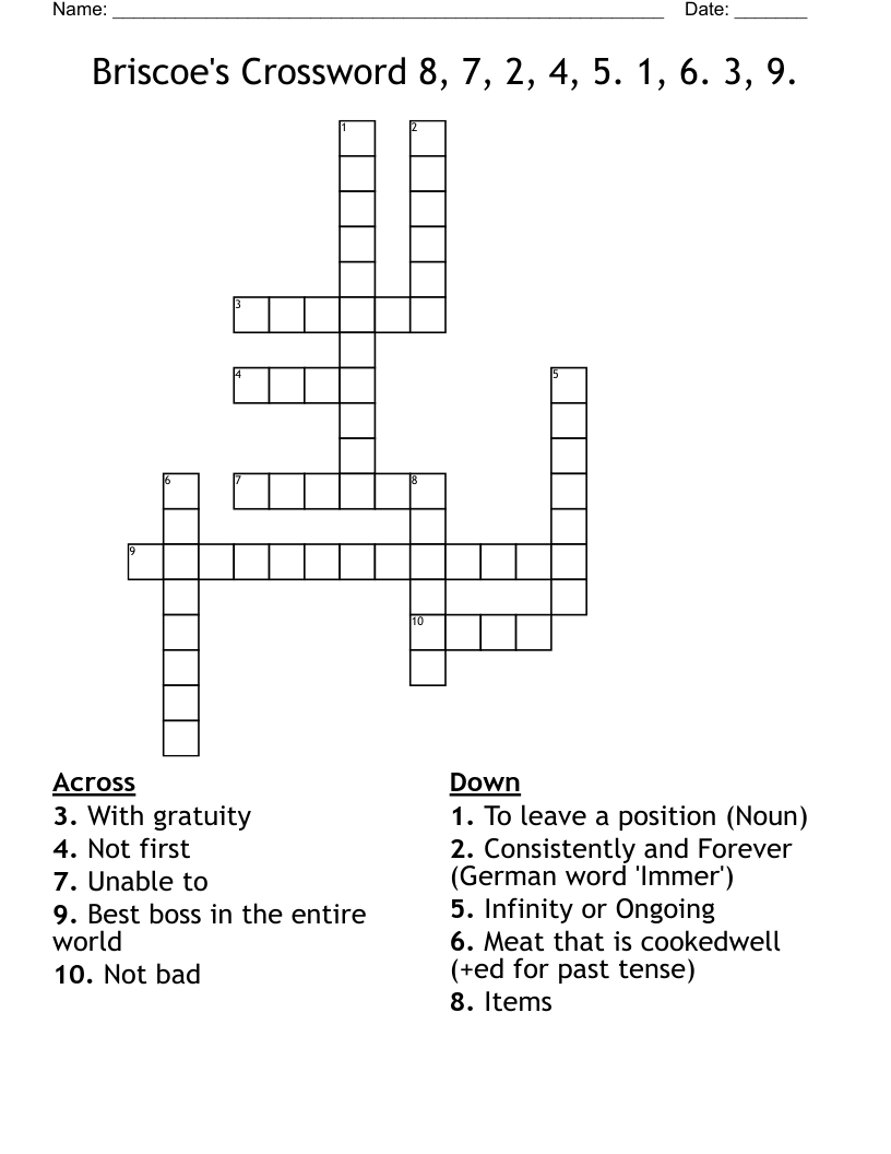 Briscoe's Crossword 8, 7, 2, 4, 5. 1, 6. 3, 9.