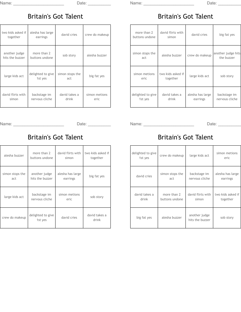 Britain's Got Talent Bingo Cards