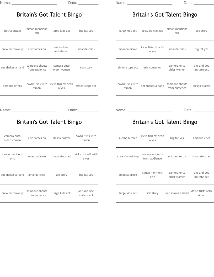 Britain's Got Talent Bingo