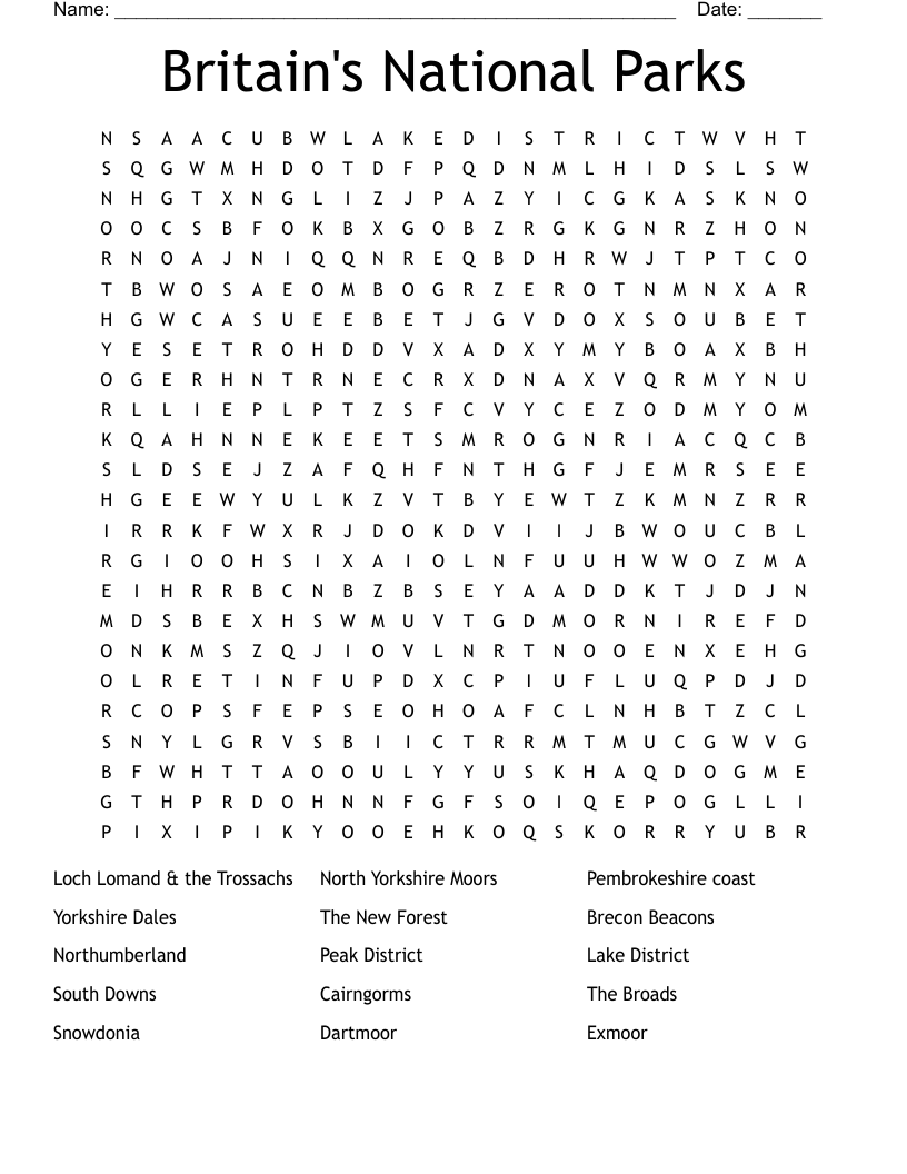 Britain's National Parks Word Search