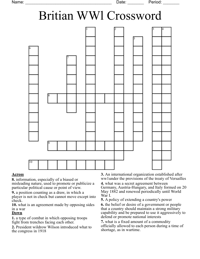 Britian WWl Crossword