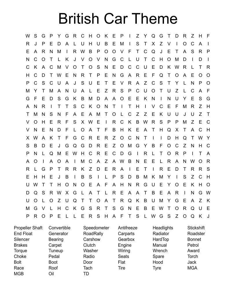 British Car Theme Word Search