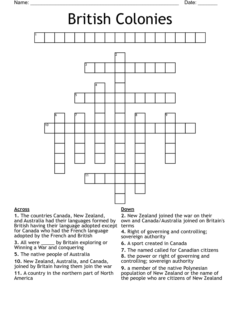 British Colonies Crossword