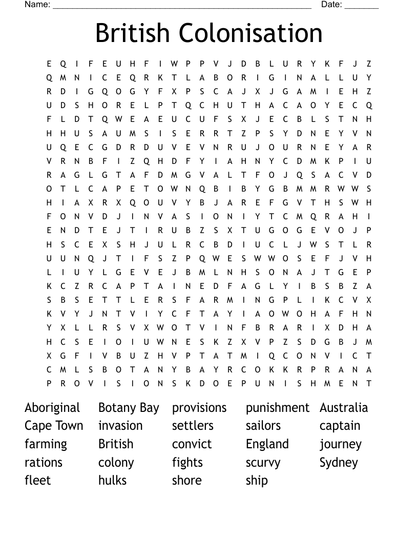 British Colonisation Word Search