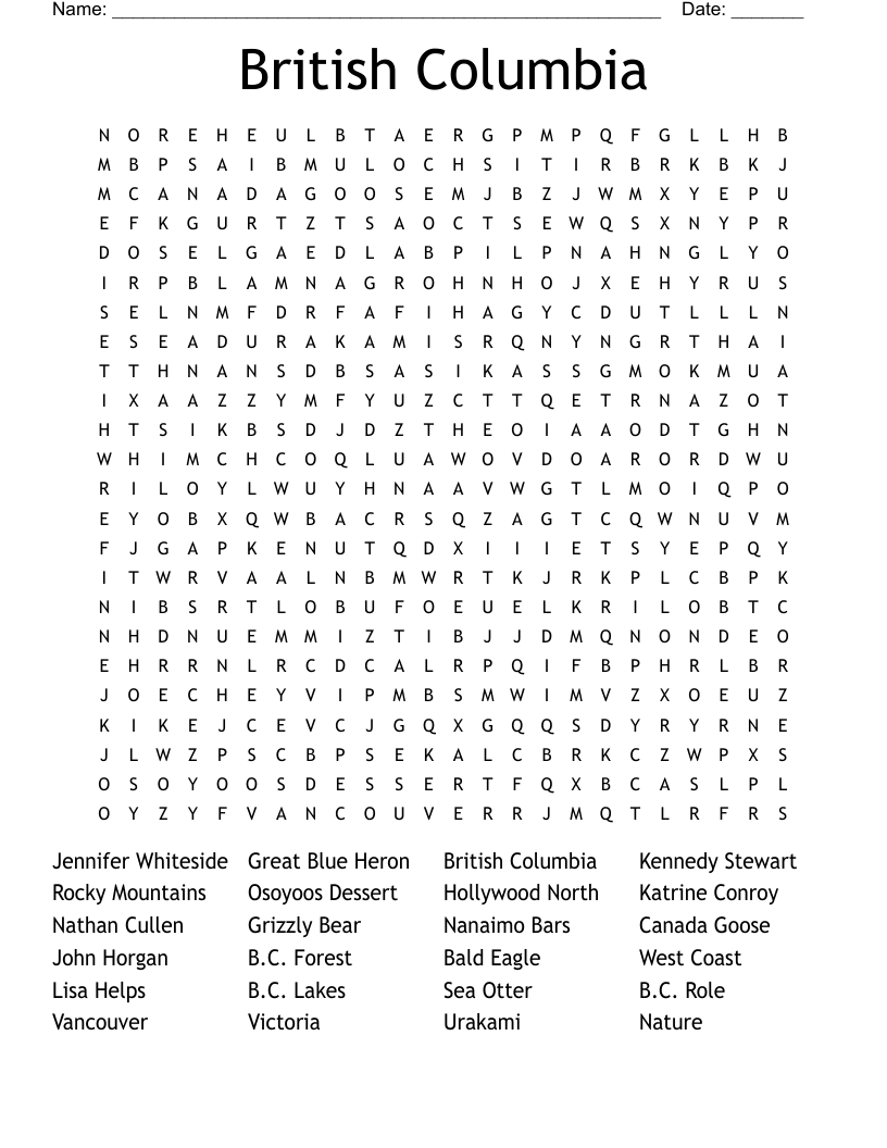 British Columbia Word Search