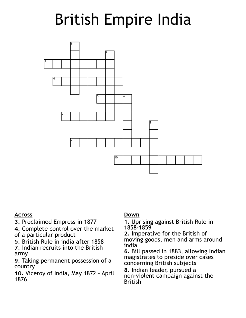 British Empire India  Crossword