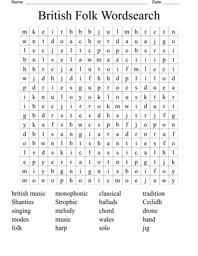 British Folk Wordsearch