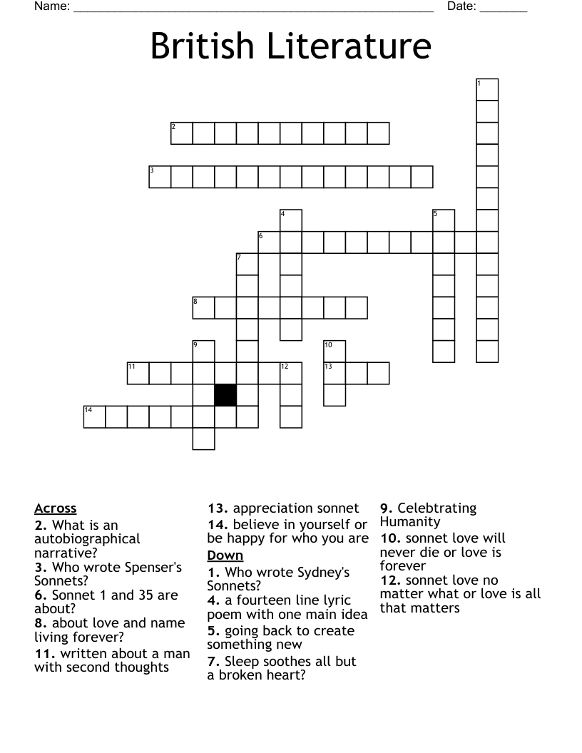 British Literature Crossword