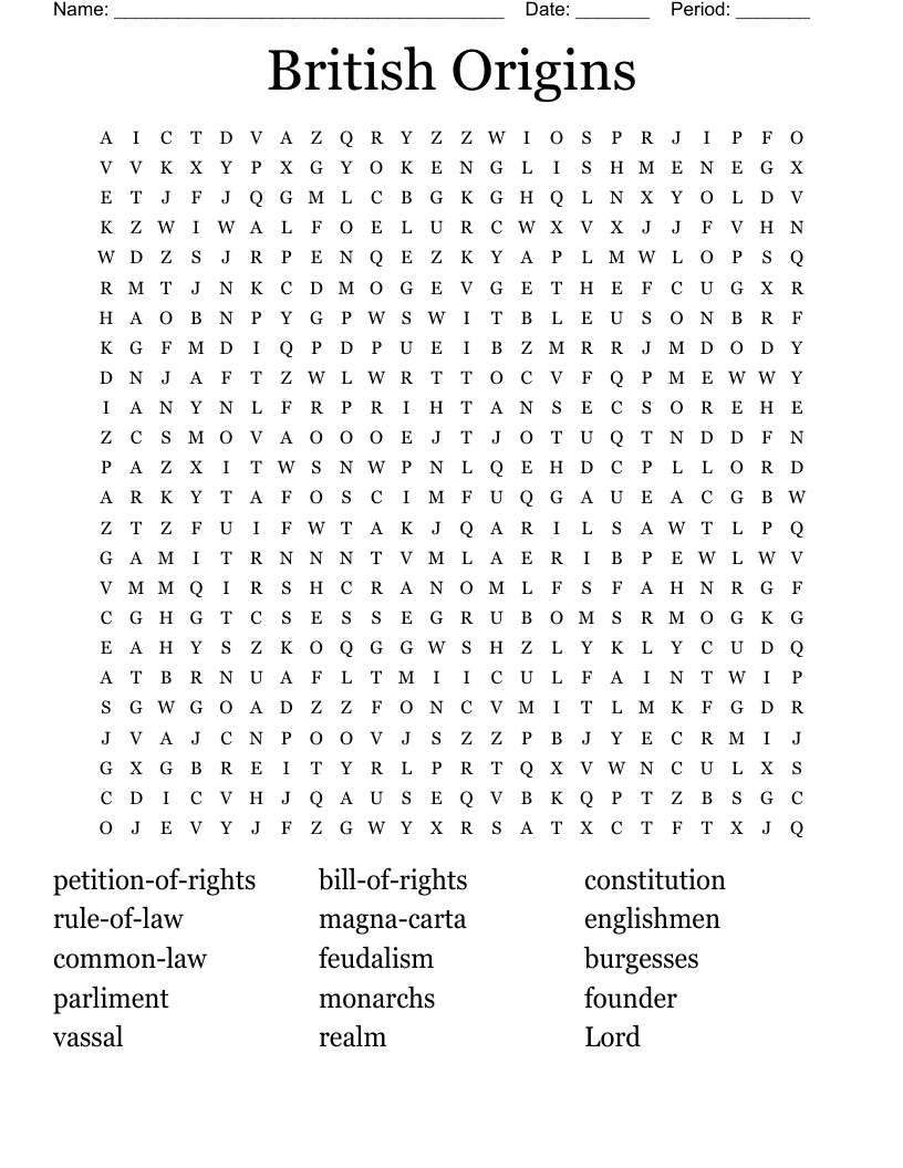 British Origins  Word Search