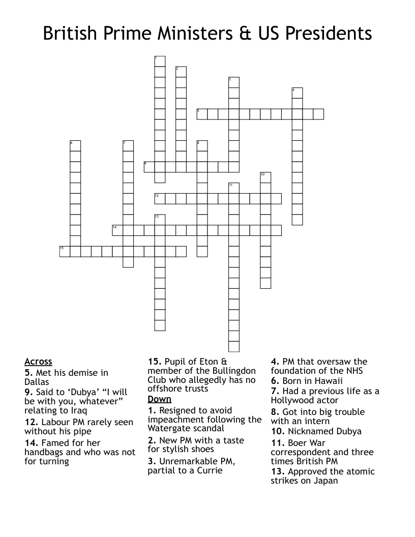 British Prime Ministers & US Presidents Crossword