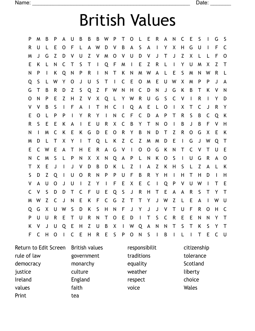 British Values Word Search