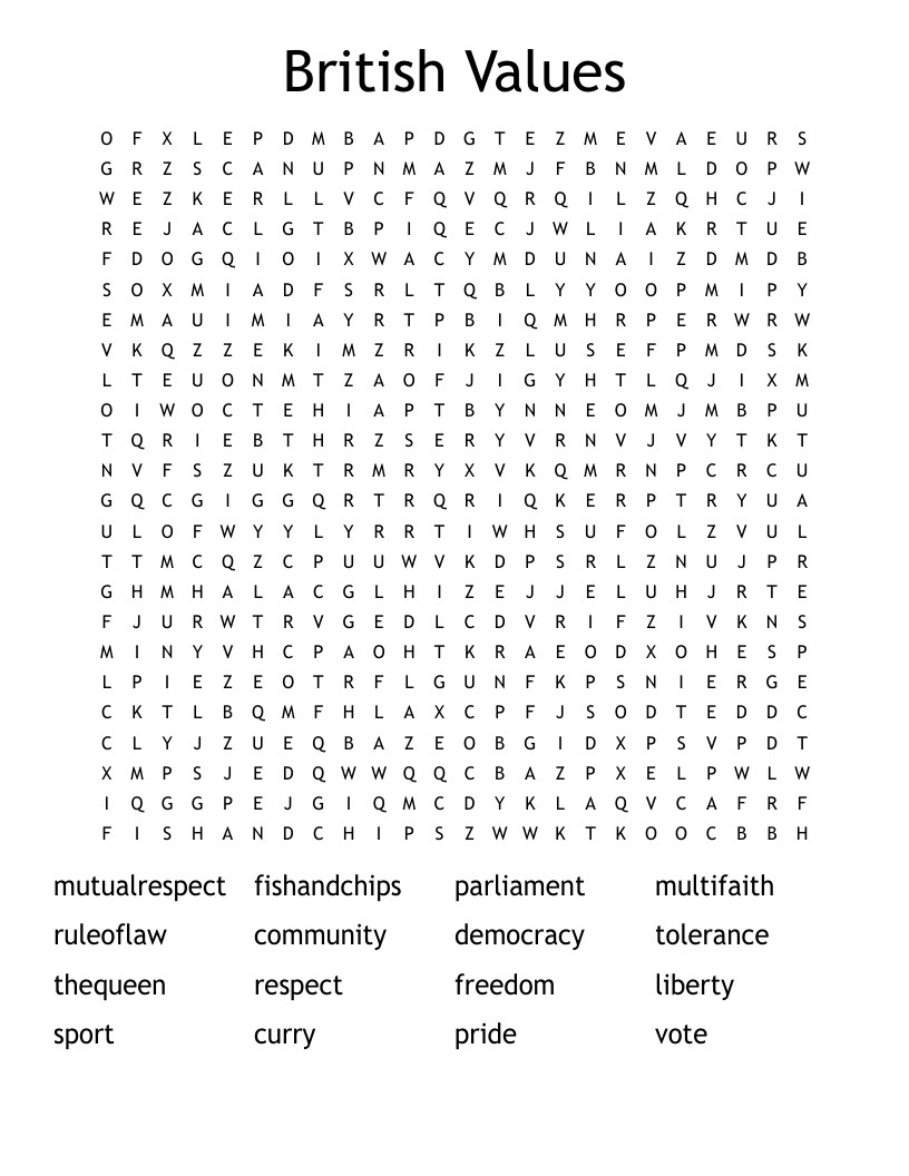 British Values Word Search
