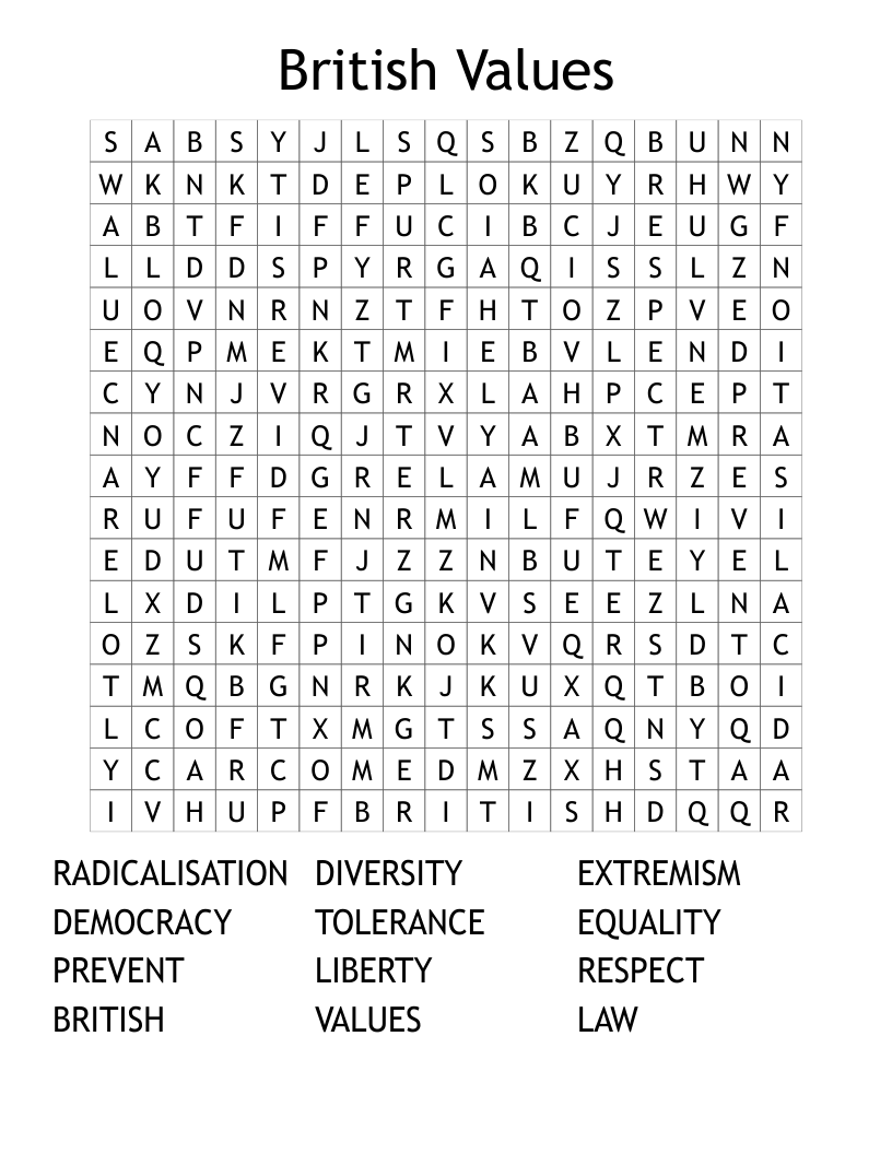 British Values Word Search