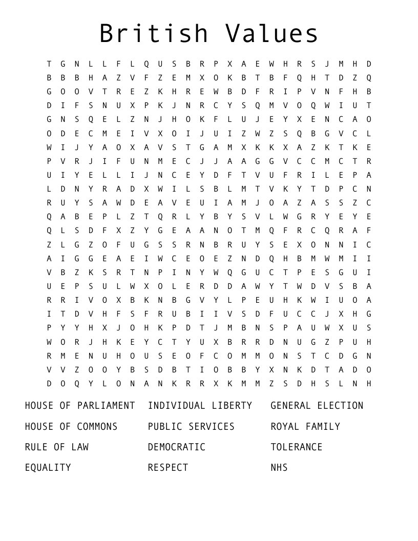 British Values Word Search