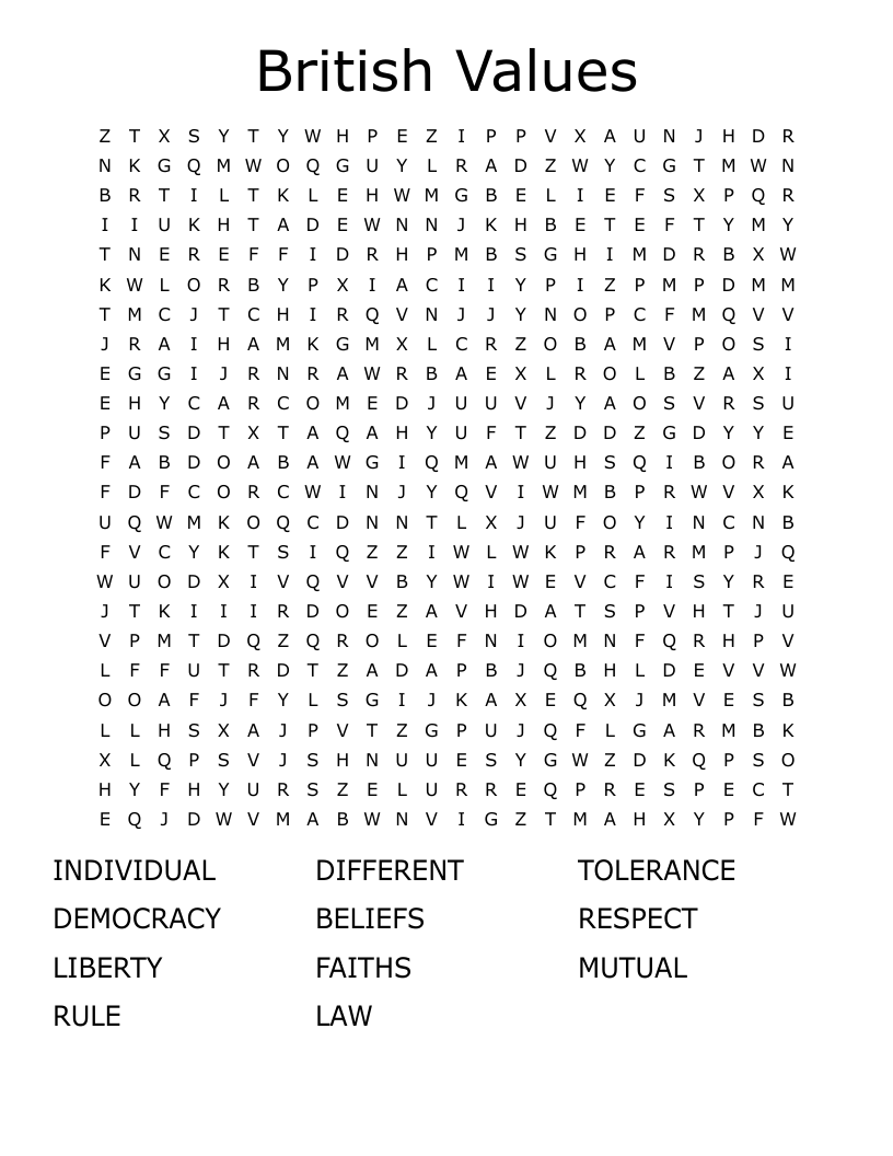 British Values Word Search