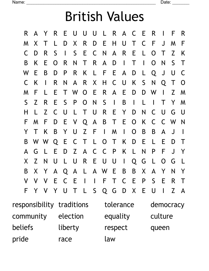 British Values Word Search
