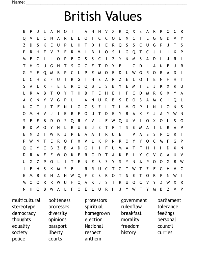 British Values Word Search