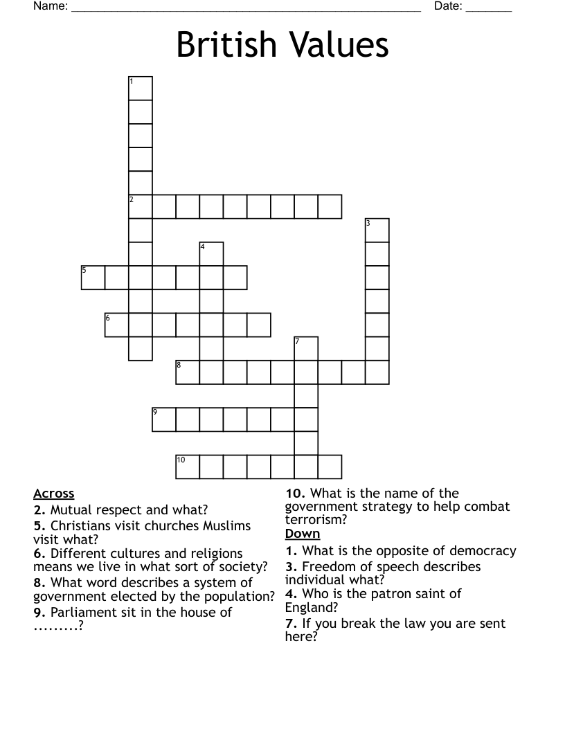 British Values Crossword