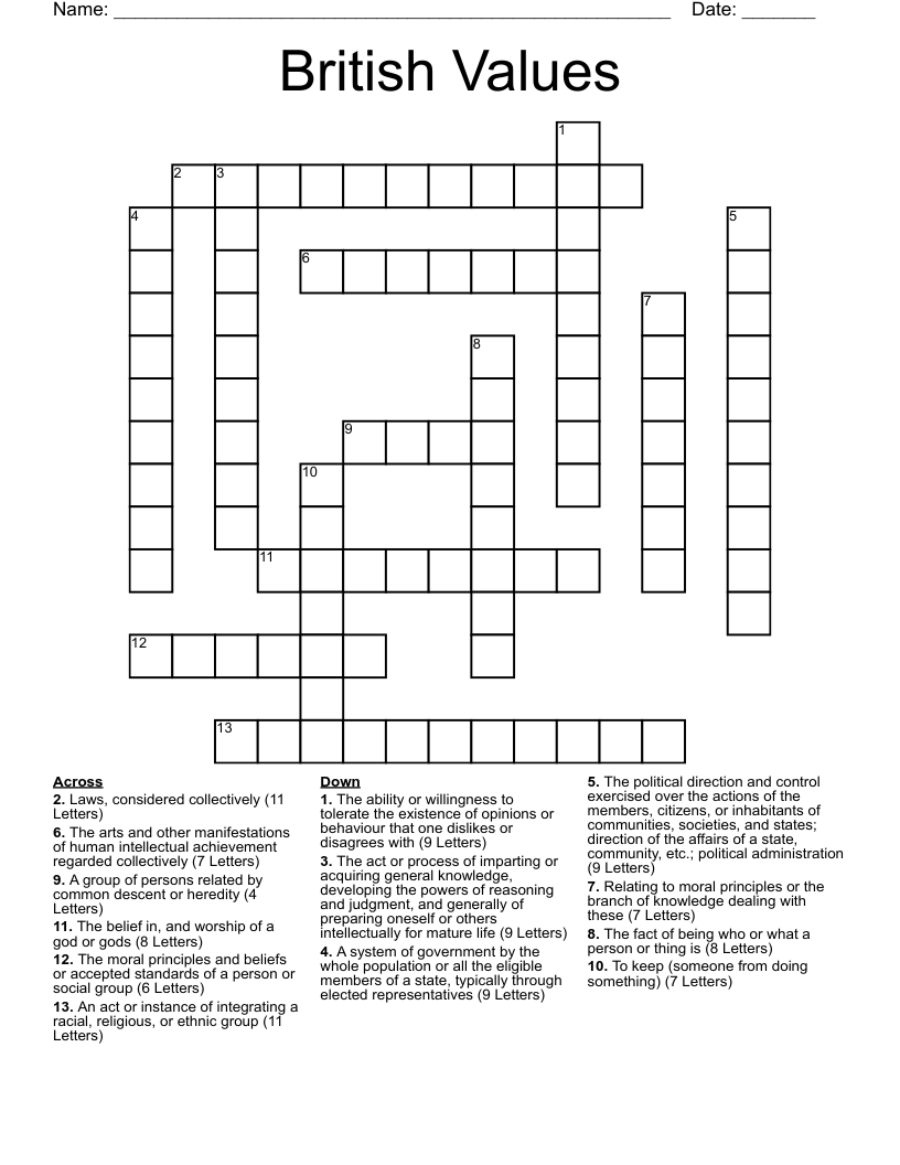 British Values Crossword
