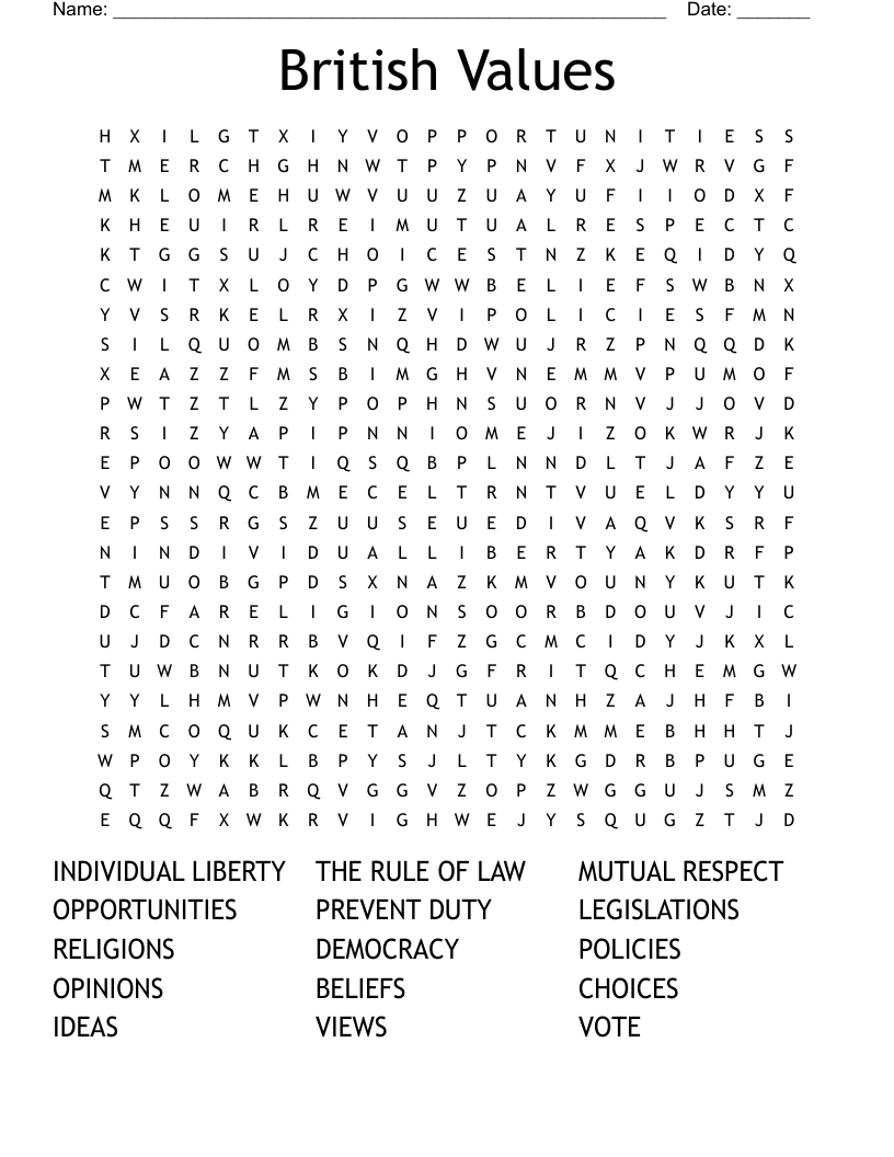 British Values Word Search