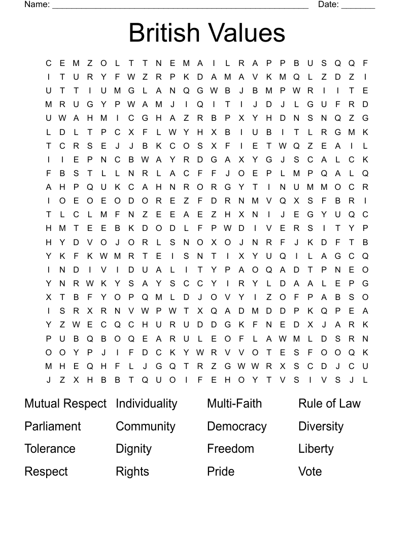 British Values Word Search