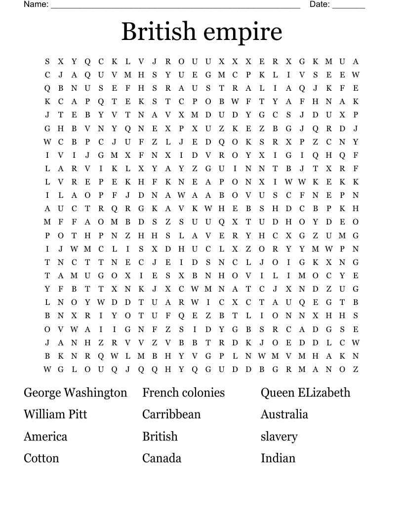 British empire Word Search