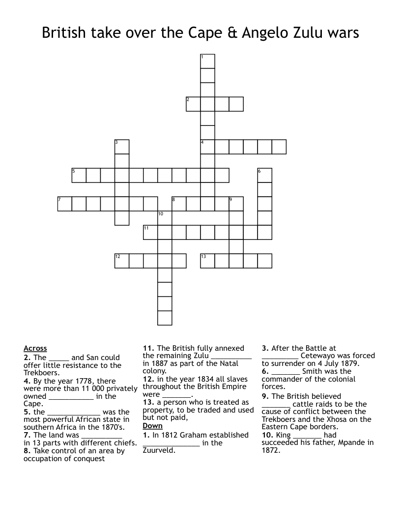 British take over the Cape & Angelo Zulu wars Crossword