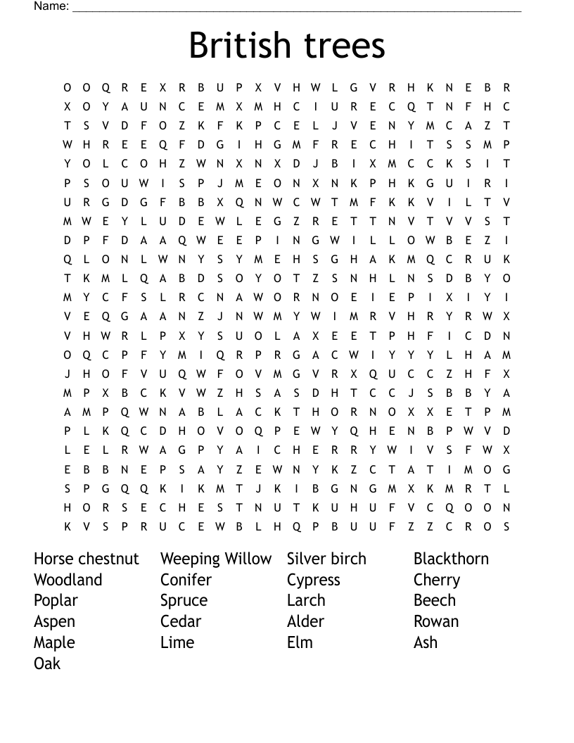 British trees Word Search