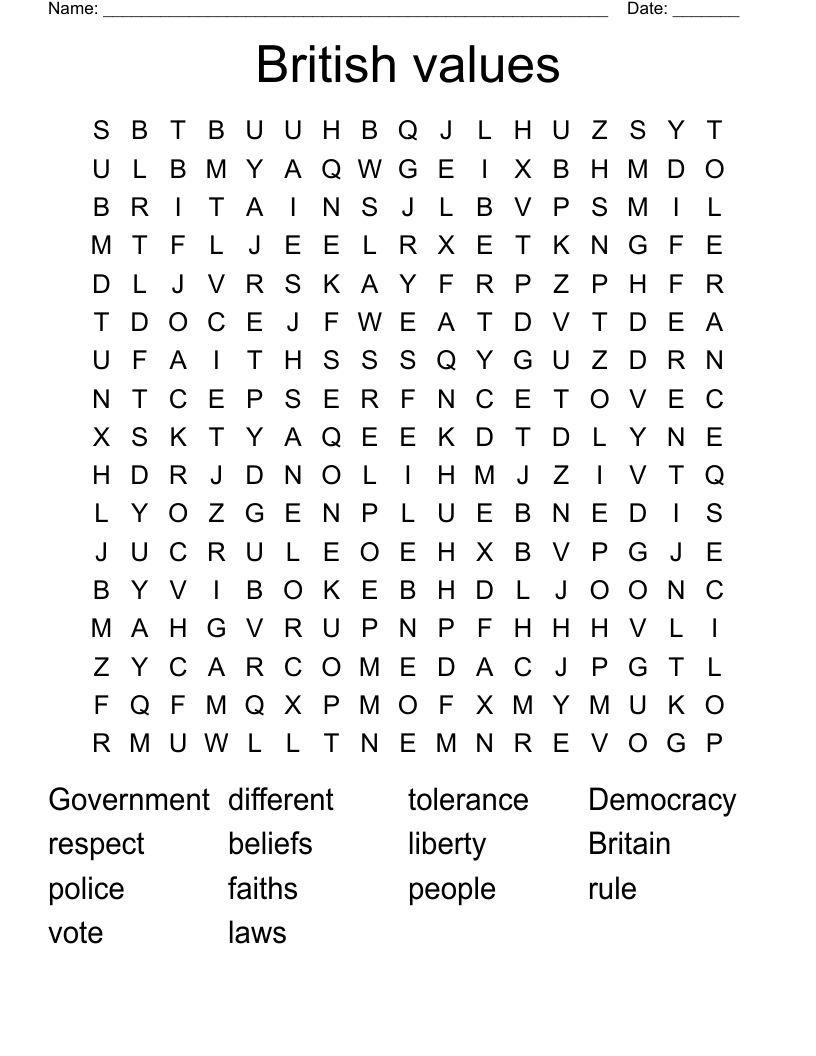 British values Word Search