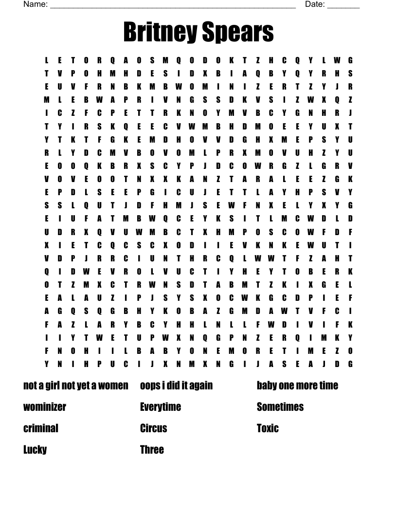 Britney Spears Word Search