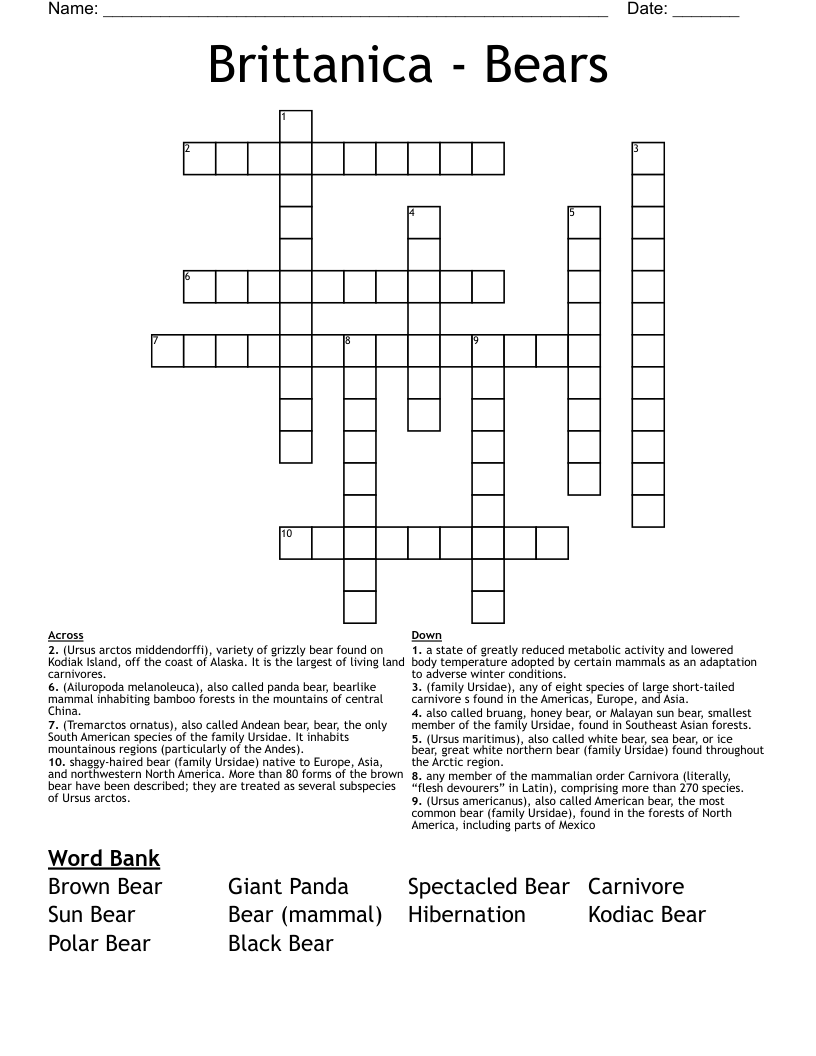 Brittanica - Bears Crossword