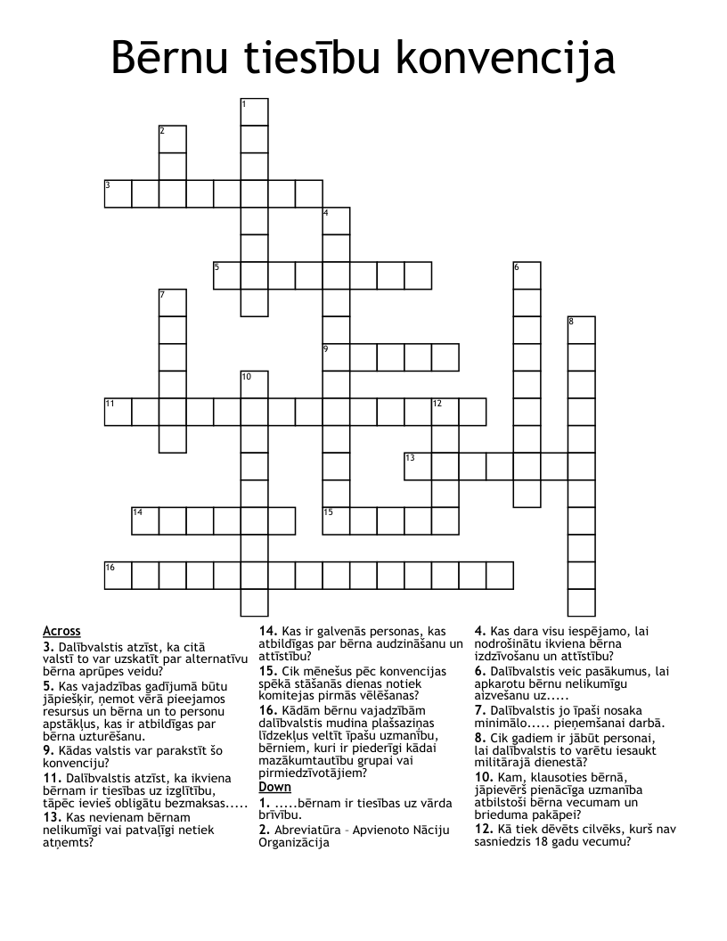 Bērnu tiesību konvencija Crossword