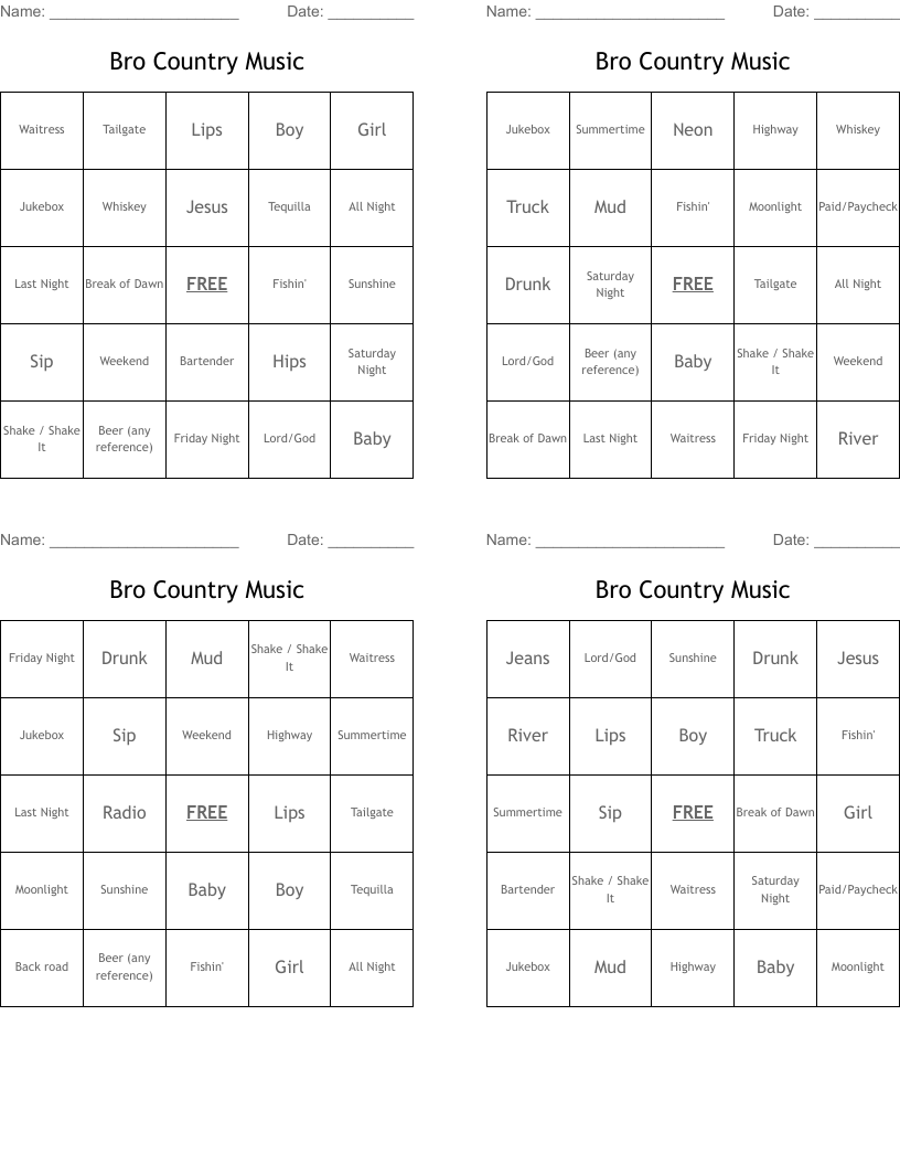 Bro Country Music Bingo Cards