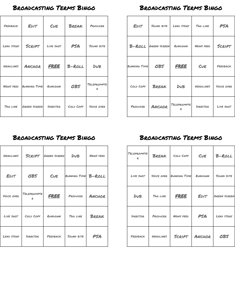 Broadcasting Terms Bingo