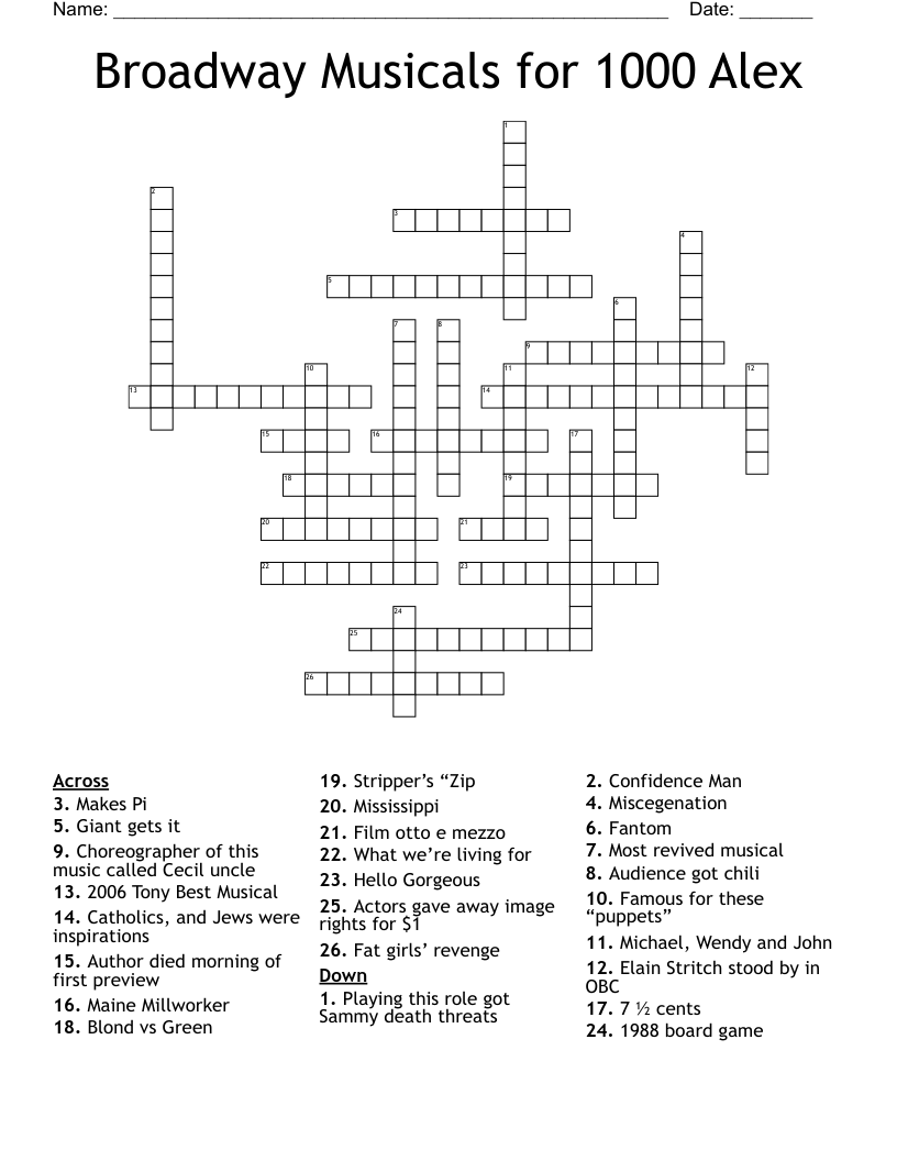 Broadway Musicals for 1000 Alex Crossword