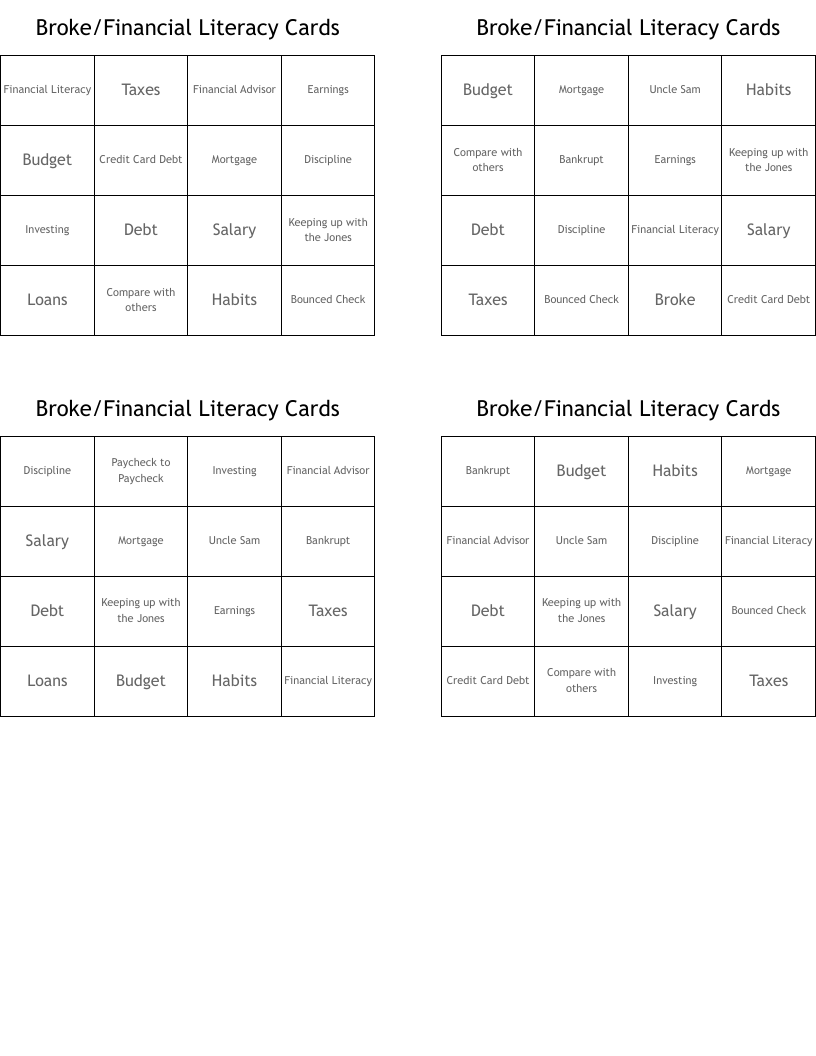 Broke/Financial Literacy Cards Bingo Cards