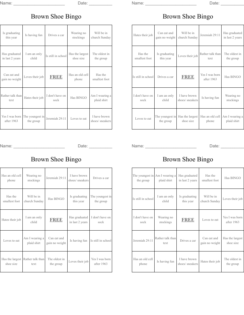 Brown Shoe Bingo