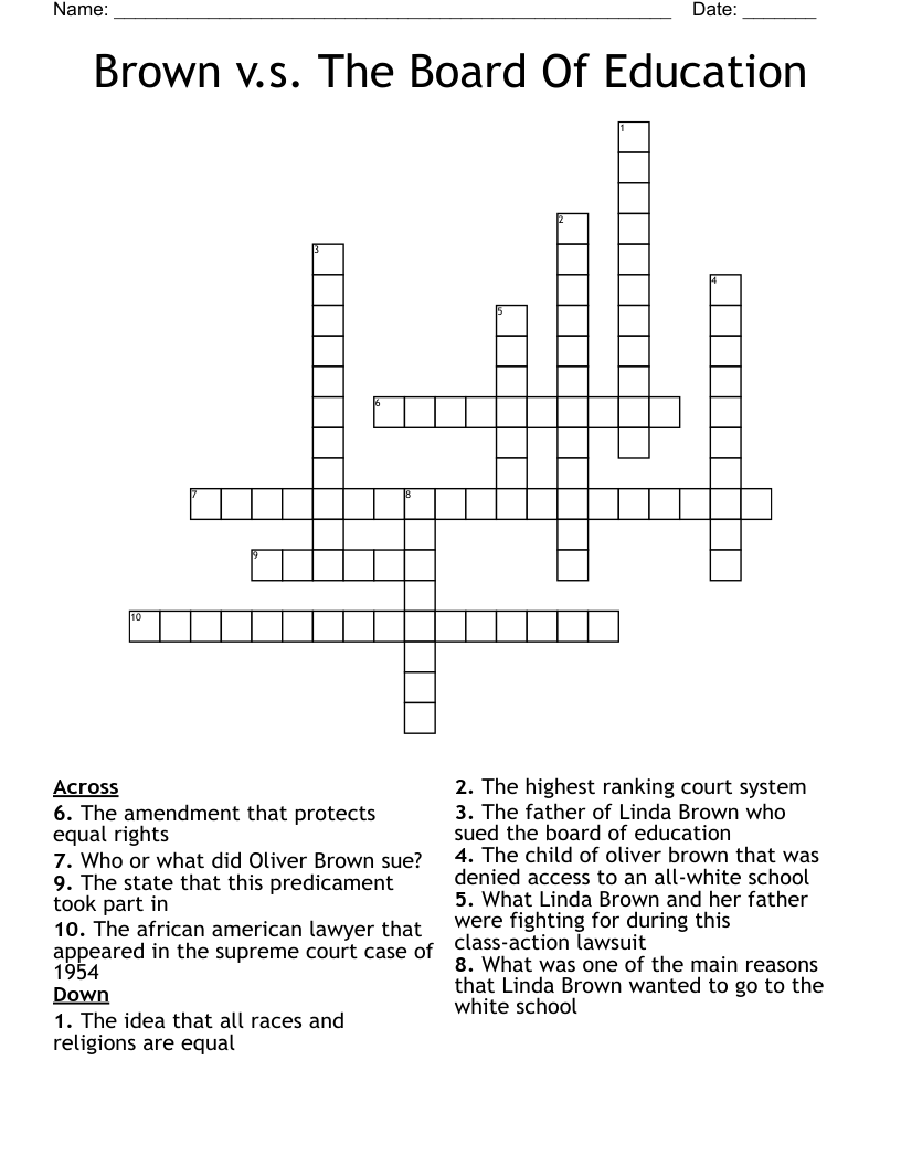 Brown v.s. The Board Of Education Crossword