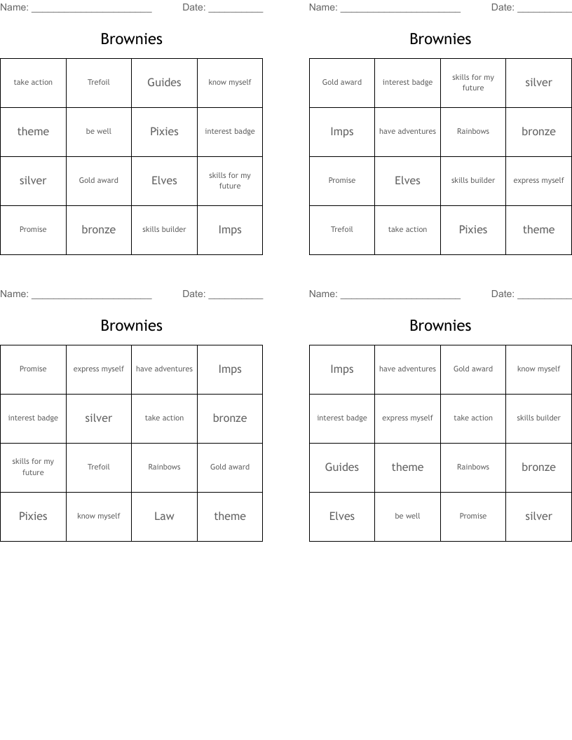 Brownies Bingo Cards